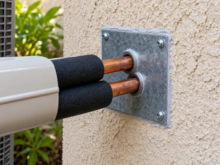 Copper air-conditioning lines passing through a galvanized metal plate screwed to a stucco wall, with the gaps sealed