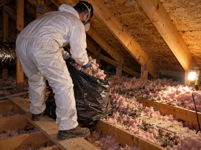 Worker in a disposable coverall, gloves and half-mask respirator bagging contaminated attic insulation while standing on a joist