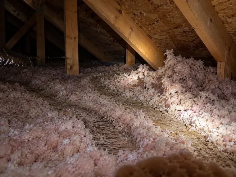 Attic insulation flattened into runways between joists and pulled into a heap near the eave