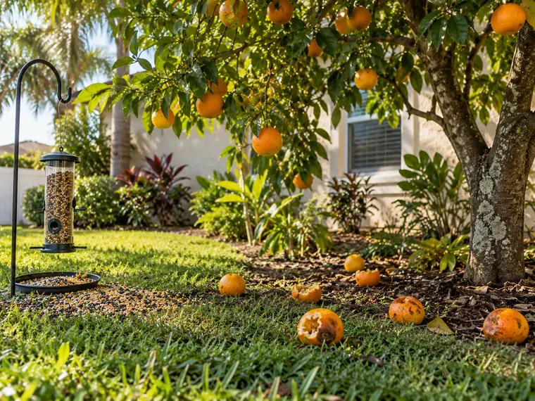 Backyard orange tree with fallen, partly eaten oranges on the ground and spilled seed under a bird feeder