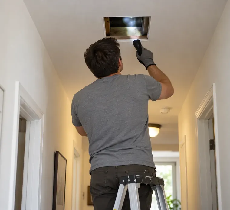 Technician shining a flashlight into a small square access opening cut in a drywall ceiling