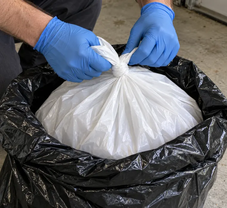 Gloved hands sealing a plastic bag inside a second heavy plastic bag for disposal