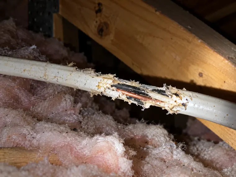 Electrical cable in an attic with the outer sheathing chewed away, exposing the inner conductors