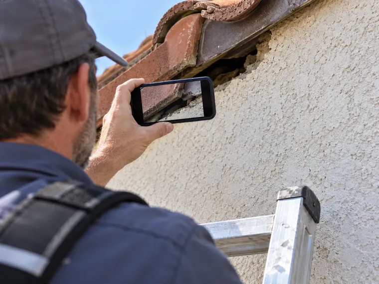 Inspector photographing a gap at a roof-to-wall junction with a phone