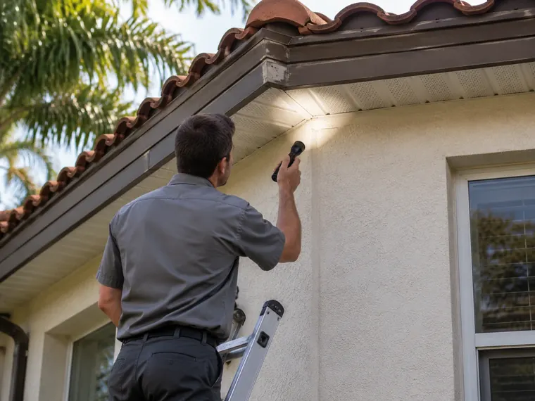 Inspector on a ladder shining a flashlight into the corner where the soffit meets the fascia under a barrel-tile roof