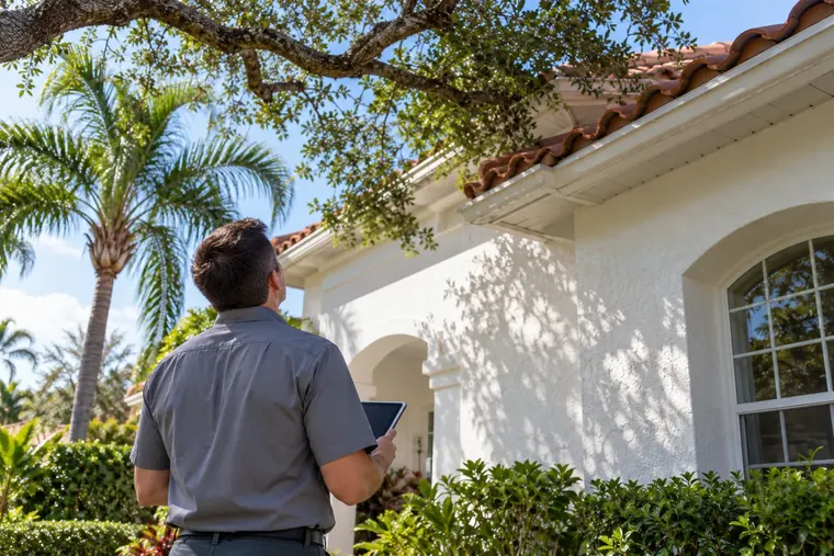 Inspector in the yard looking up at a tile roofline and overhanging oak branches, holding a tablet