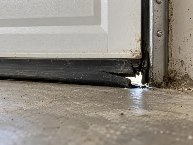 Corner of a garage door with a worn bottom seal leaving a small gap with daylight showing