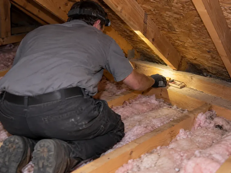 Technician in an attic setting rat snap traps along a wooden top plate by headlamp
