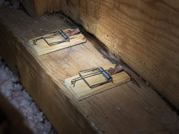 Two snap traps set across an attic top plate beside a dark rub mark