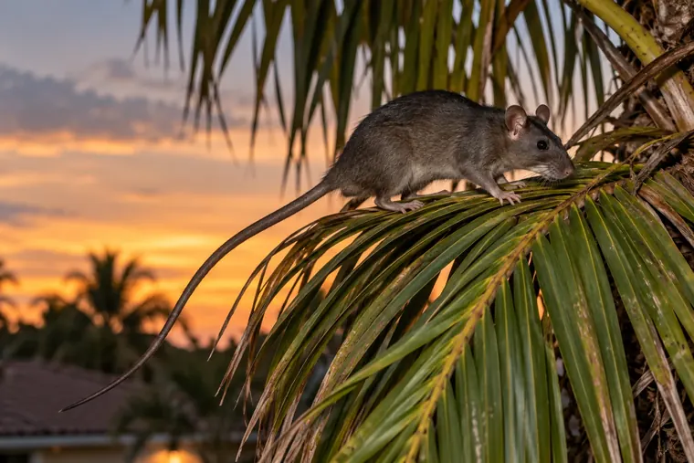 Roof rat with large ears and a long thin tail walking along a palm frond at dusk