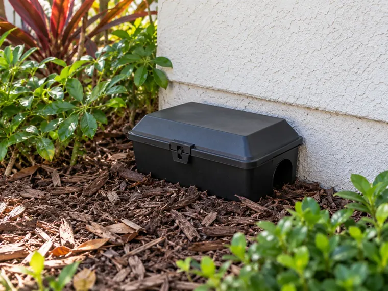 Black lockable tamper-resistant rodent bait station sitting in mulch against a stucco foundation